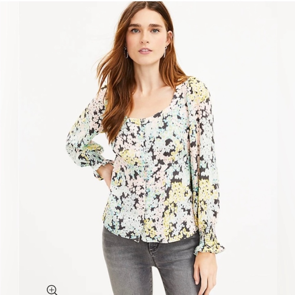 Loft Garden Smocked Cuff Square Neck Blouse NWT